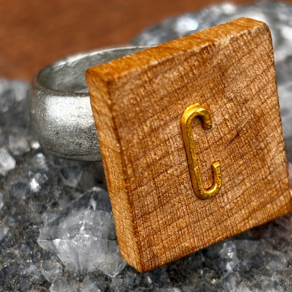 Scrabble tile Initial Ring - Brown Wood with C Letter inlay